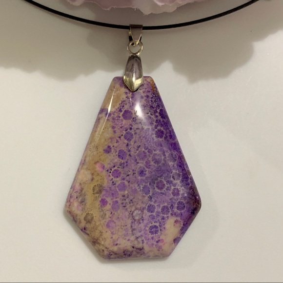 Purple Chrysanthemum Coral Fossil Shield Pendant Necklace – One of a Kind - Picture 10 of 10
